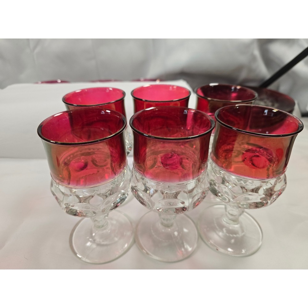 Vintage Ruby Red Flashed Thumbprint Stemmed Wine Cordial Glasses Set of 6 - Picture 2 of 5